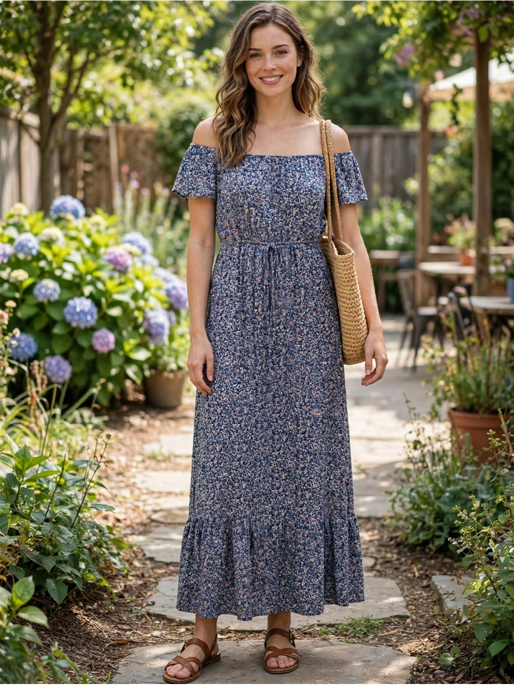 Floral One-Shoulder Blue Maxi Dress with Ruffle Hem